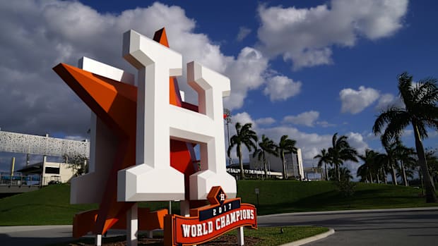 Mar 9, 2021; West Palm Beach, Florida, USA; A general view of the Houston Astros logo statue outside of The Ballpark of the Palm Beaches prior to the spring training game between the Houston Astros and the Washington Nationals. Mandatory Credit: Jasen Vinlove-USA TODAY Sports  